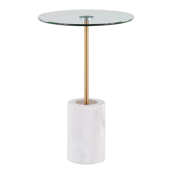 Lumisource Symbol 24 in. Clear Glass, Gold Metal and White Marble Side Table