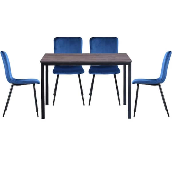 Homy Casa Brandt Scargill Blue 5 Pieces Rectangle Walnut Mdf Top Dining Table Chair Set With 4 Upholstered Dining Chair