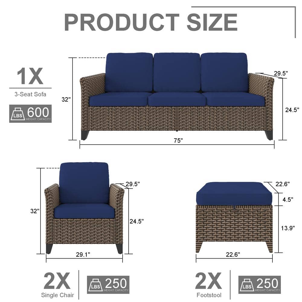 5-Piece Brown Wicker Patio Set with Blue Cushions