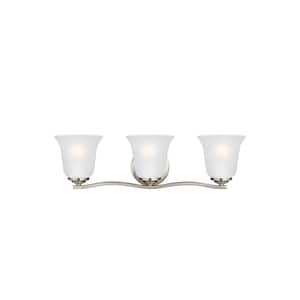 Emmons 23 in. 3-Light Brushed Nickel Traditional Transitional Wall Bathroom Vanity Light with Satin Etched Glass Shades