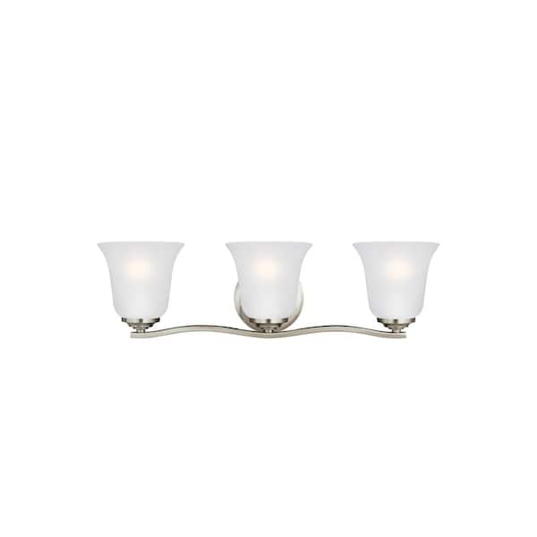 Generation Lighting Emmons 23 in. 3-Light Brushed Nickel Traditional Transitional Wall Bathroom Vanity Light with Satin Etched Glass Shades