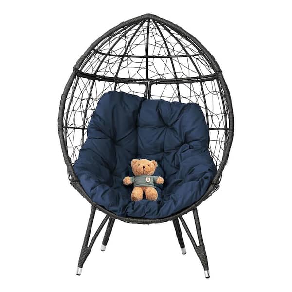 Tenleaf Wicker Indoor Outdoor Egg Chair Dining Chair with Blue Cushions (1-Pack)