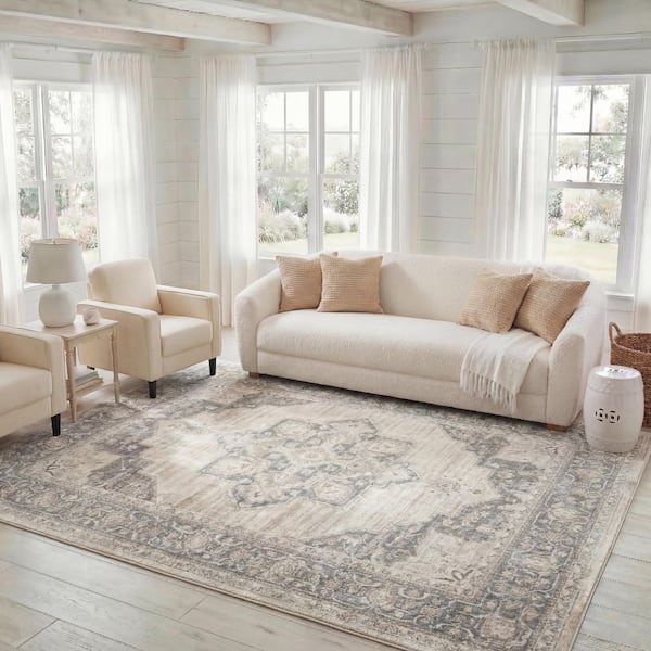 Brentwood 2 ft. x 4 ft. Cream/Gray Floral Medallion Border Area Rug