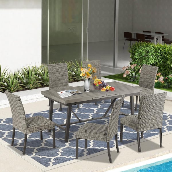 ULAX FURNITURE 7-Piece Wicker Outdoor Dining Set, Extendable Table and Dining Chairs