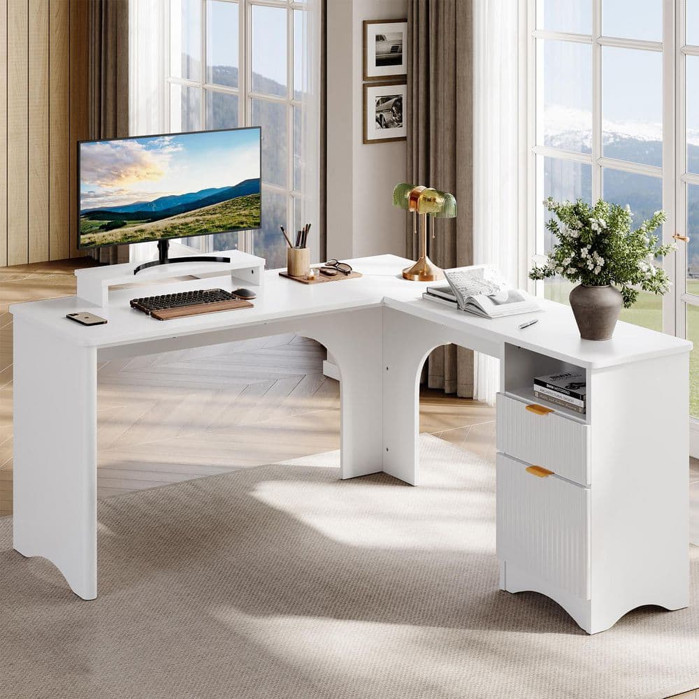 Bestier 55 in. White L-Shaped Home Office Desk with Monitor Stand