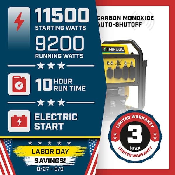 11,500/9200-Watt Electric Start Tri Fuel Portable Generator w/ Free 3-Year Warranty for Home Backup and Storm Prep