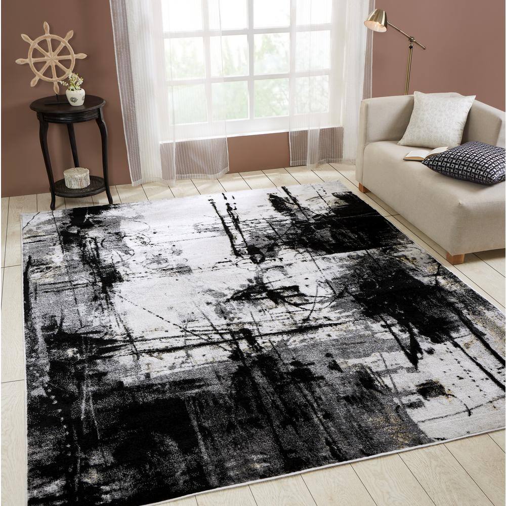 Black and Gray Abstract High Pile Area Rug