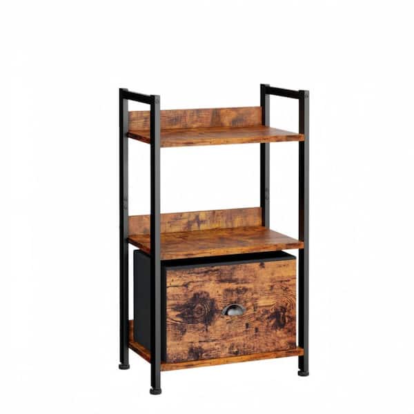 3 Tier Bookshelf with Drawer,Tall Narrow Bookcase,Wood and Metal, Industrial Display Standing Shelf Unit,Rustic Brown