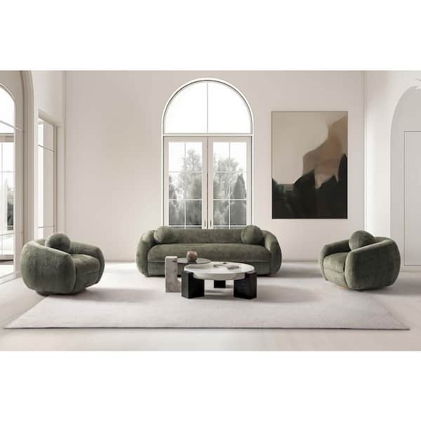 Manhattan Comfort Tribeca 3-Piece Modern Glam Olive Green Chenille Upholstered Sofa and Accent Chair Living Room Set