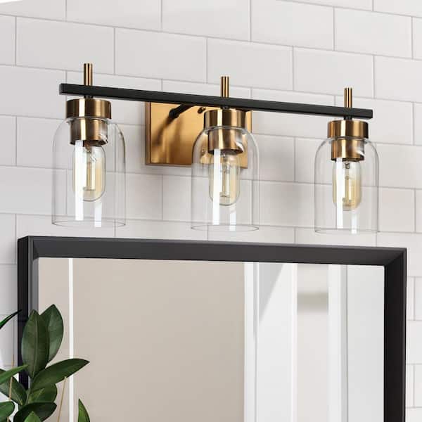 Zevni 20 in. Modern 3-Light Brass Gold Bathroom Vanity Light, Rustic DIY Black Bath Lighting with Cylinder Clear Glass Shades