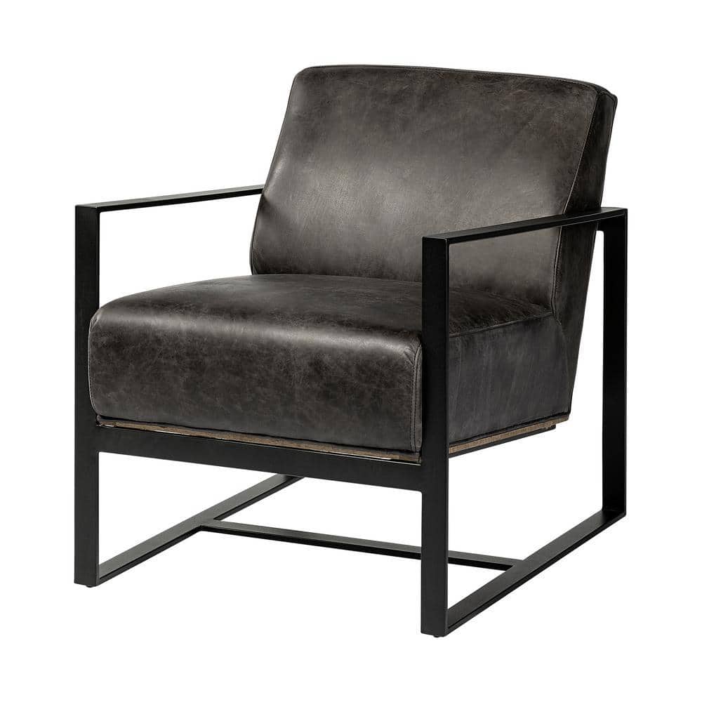 Black leather accent arm chair with a black metal frame.