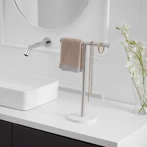 Freestanding Tower Bar With Natural Marble Base T-Shape Towel Rack For Bathroom Vanity Countertop in Brushed Nickel