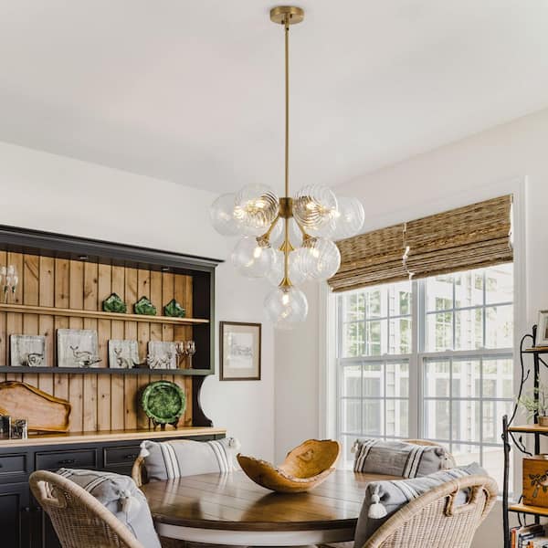 Mid-Century 20. 47in. 10-Light Bubble Brass Gold Chandelier Pendant Light Fixture with Hand Blown Glass Shades
