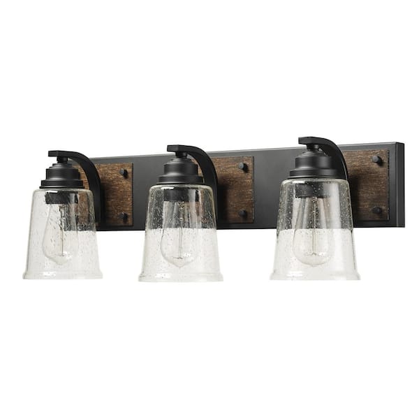 Globe Electric Warsaw 24 in. 3-Light Matte Black Vanity Light with Faux Wood Accents and Clear Seeded Glass Shades