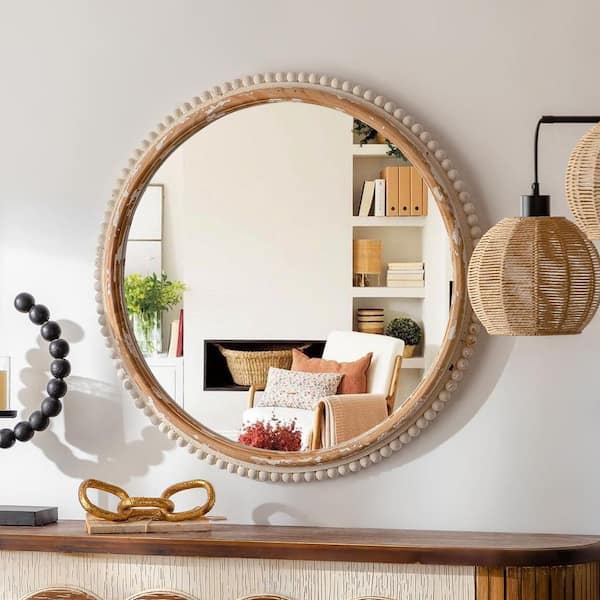 27 in. W x 27 in. H Antiqued White Beaded Wood Round Framed Wall Bathroom Vanity Mirror