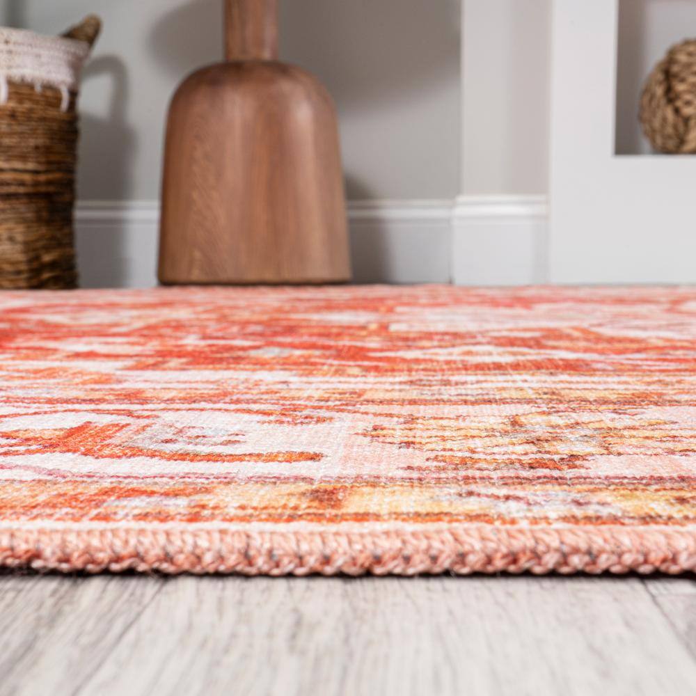 Ornate Medallion Washable Orange and Cream Synthetic Runner Rug