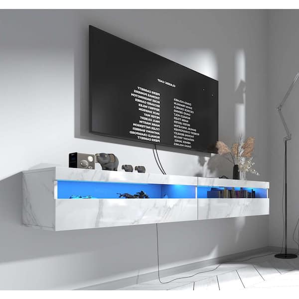 70.2 in. W x 15.6 in. D Floating TV Stand with LED Light Power Outlet Decorative Wall Shelf and Storage Shelf Gray White