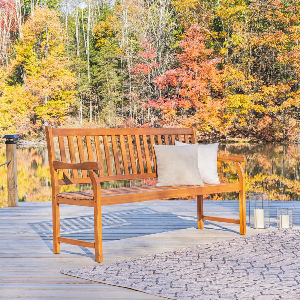Laurel 59" Teak Acacia Wood Slat-Back Outdoor Garden Bench