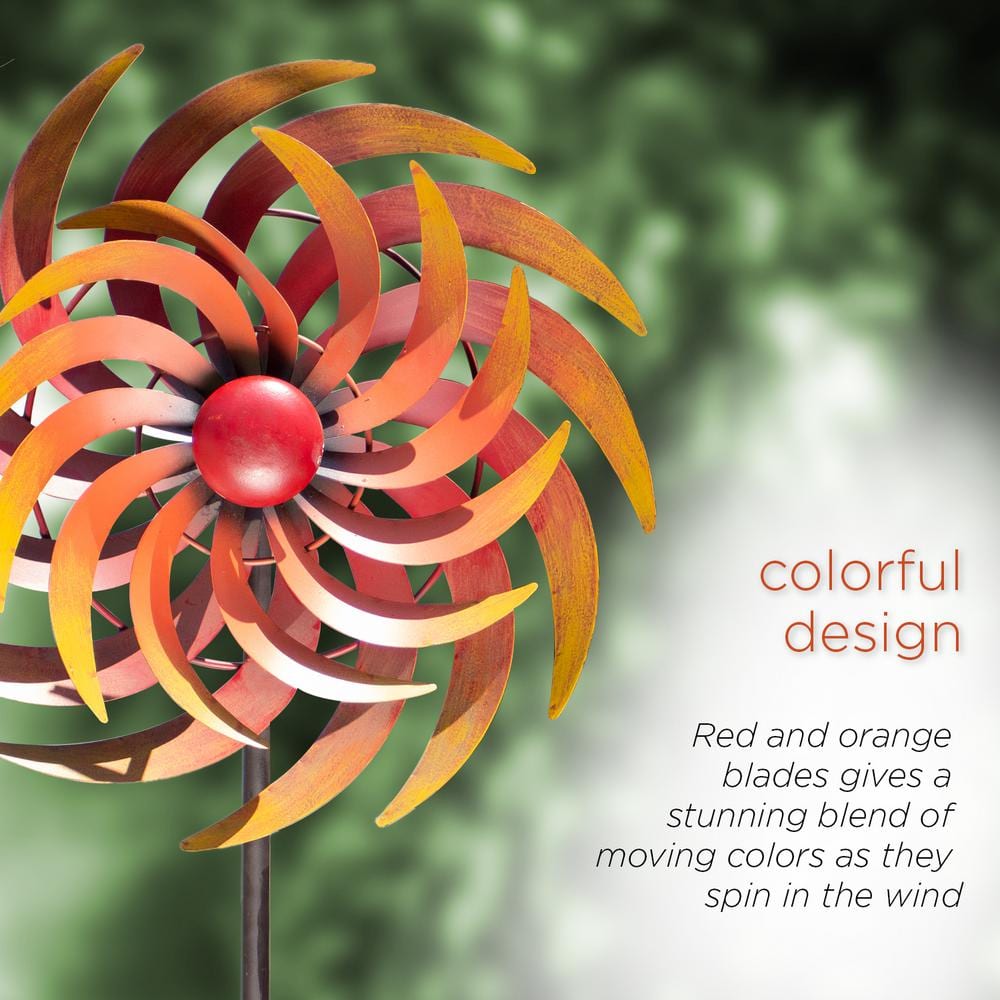 75" Tall Red and Orange Metal Kinetic Wind Spinner Stake