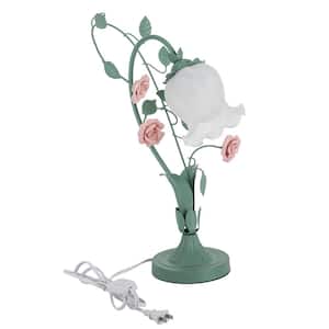 16.92 in. Green and Pink Retro Rose Glass Task and Reading Desk Lamp with White Flower Glass Shade, No Bulbs Included