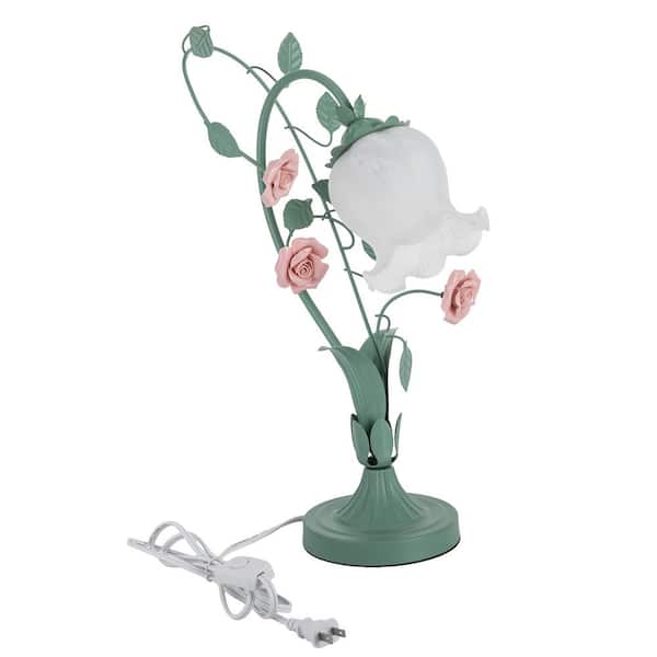 OUKANING 16.92 in. Green and Pink Retro Rose Glass Task and Reading Desk Lamp with White Flower Glass Shade, No Bulbs Included
