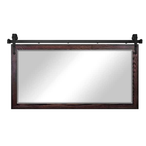 (66 in. W x 32 in. H) Black Cherry Oak Hardwood Beveled Mirror with Steel Barndoor Rail