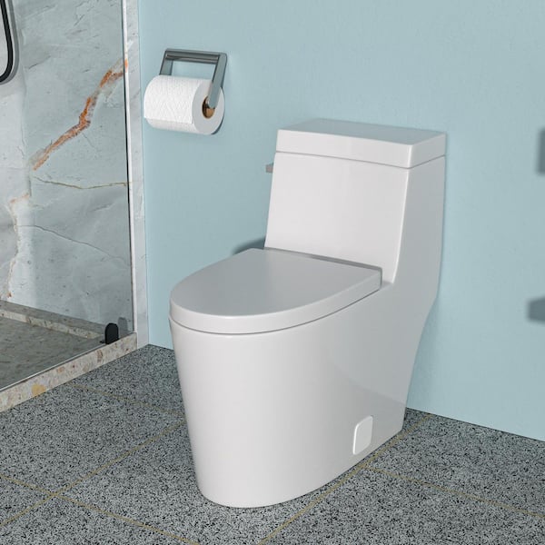 1-piece 1.28 GPF Single Flush Elongated Toilet in White Seat Included