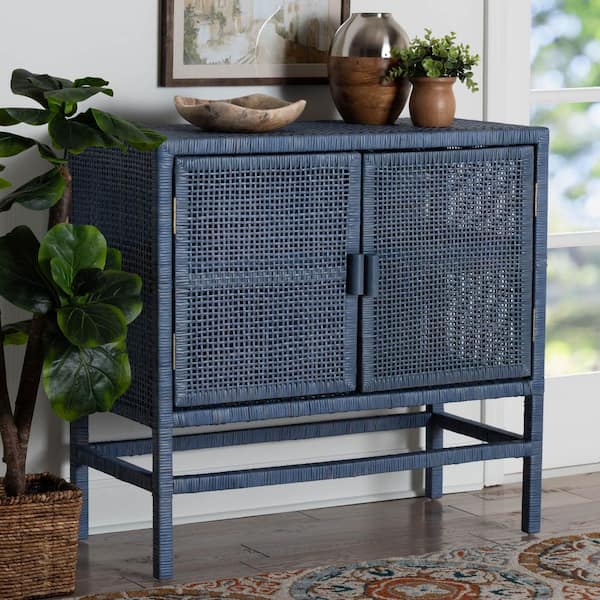 bali & pari Vivan Navy Blue 34.3 in. H Rattan 2-Tier Accent