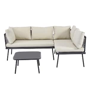 Outdoor 3-Piece PE Wicker Rattan Sofa Set Patio Conversation Metal Furniture Set with Beige Cushions and Glass Table