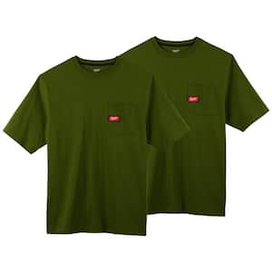 Men's Large Olive Green Heavy-Duty Cotton/Polyester Short-Sleeve Pocket T-Shirt (2-Pack)