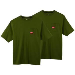 Men's Medium Olive Green Heavy-Duty Cotton/Polyester Short-Sleeve Pocket T-Shirt (2-Pack)