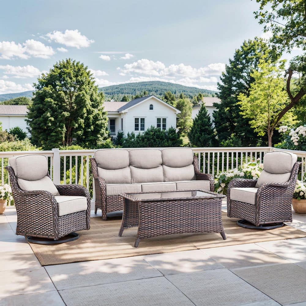 Nova Swivel Brown 4-Piece Wicker Patio Conversation Seating Set w/ Swivel Gliders and 6 in. Thick Olefin Beige Cushions price history on PriceWatchPro