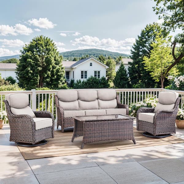 Bellefurn Nova Swivel Brown 4-Piece Wicker Patio Conversation Seating Set w/ Swivel Gliders and 6 in. Thick Olefin Beige Cushions