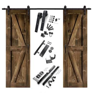 24 in. x 84 in. K-Frame Walnut Double Pine Wood Interior Sliding Barn Door with Hardware Kit Non-Bypass