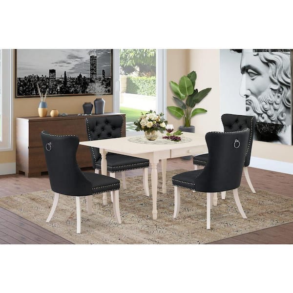 East West Furniture 5-Piece Linen White Finish Solid Wood Top - Rectangular Upholstered Dining Room Set with Dropleaf - Seats 4