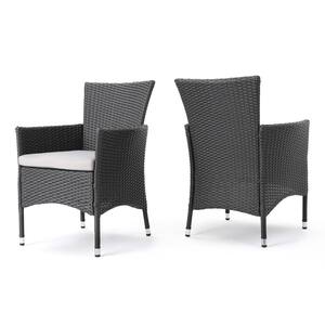 Black Wicker Outdoor Lounge Chair with Gray Cushions (2-Piece)