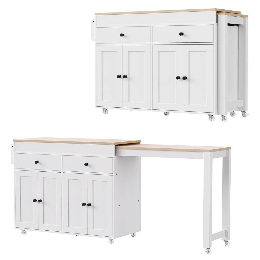 White Wood Kitchen Island Kitchen Cart with Extendable Dining Table, Spice Rack and 2 Drawers