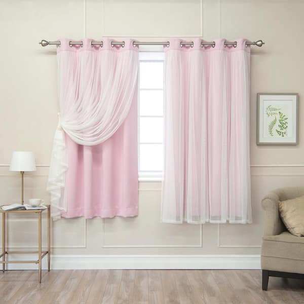Best Home Fashion New Pink Tulle Lace Solid 52 in. W x 63 in. L Grommet Blackout Curtain (Set of 2)