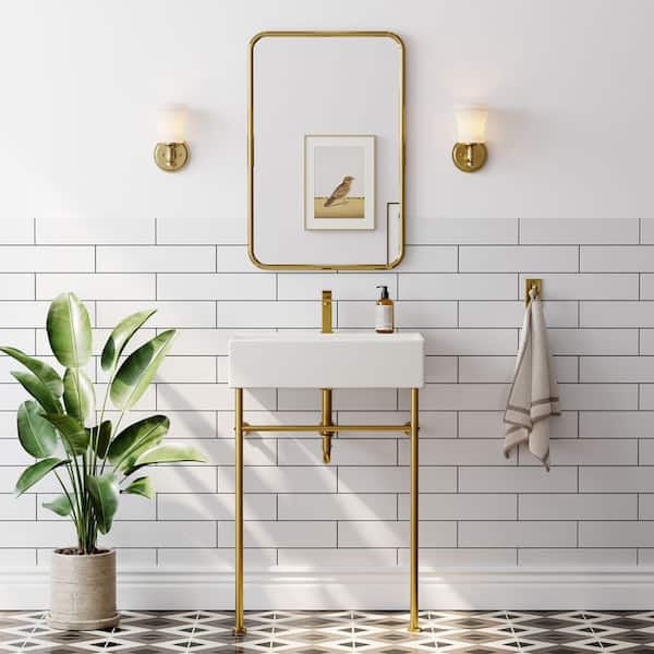 24 in. Ceramic White Rectangular Bathroom Console Sink with Golden Legs and Overflow