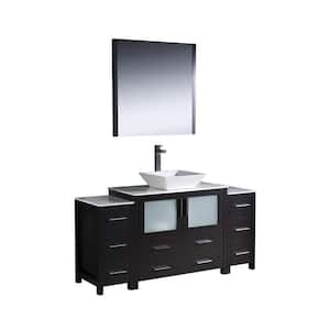 Torino 60 in. Vanity in Espresso with Glass Stone Vanity Top in White with White Basin and Mirror (Faucet Not Included)