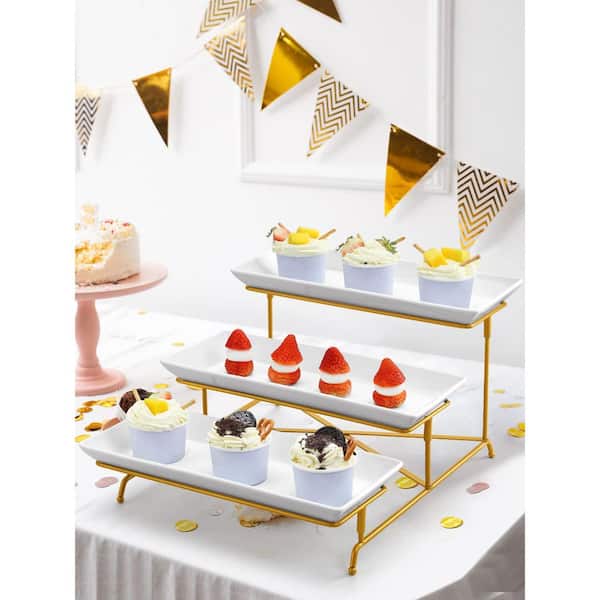 15 in. 3-Tier Ceramic Serving Tray with Stable Cross Bars, Three Layer Serving for Party and Entertaining, Gold