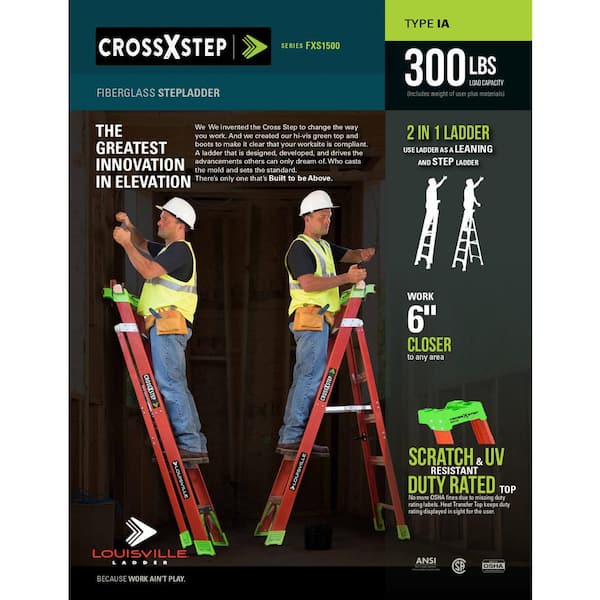 Cross Step 6 ft. Fiberglass Leaning Step Ladder (10 ft. Reach), 300 lbs. Load Capacity, Type IA Duty Rating