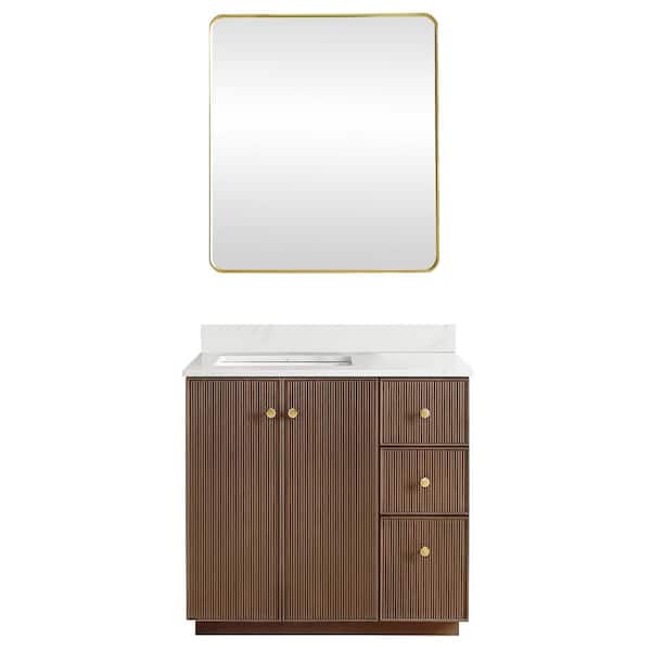 ROSWELL Oza 36 in. W x 22 in. D x 33.9 in. H Single Sink Bath Vanity in Dark Brown with White Quartz Stone Top and Mirror