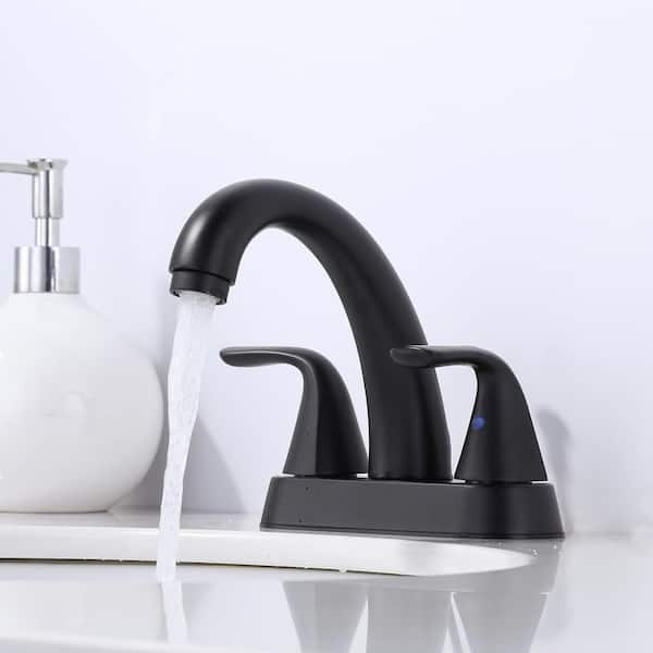 4 in. Centerset Double Handle High Arc Bathroom Faucet with Drain Kit, 2-Aerators and Supply Lines in Matte Black