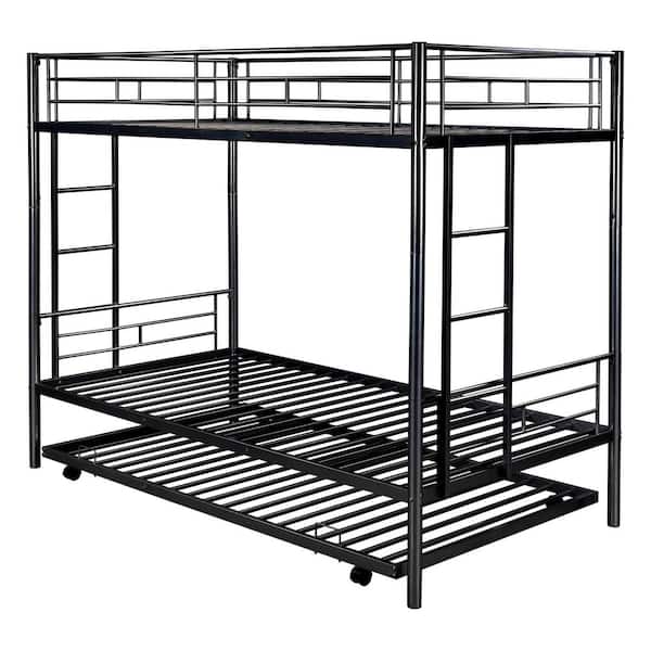 FORCLOVER Black Twin Over Twin Metal Bunk Bed with Trundle