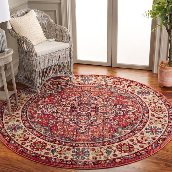 Kashan 7 ft. x 7 ft. Round Red/Ivory Antique Border Area Rug