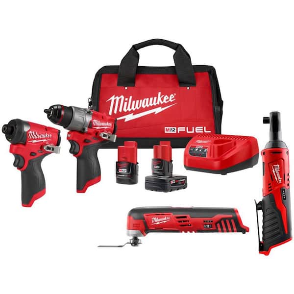 Milwaukee M12 FUEL 12-Volt Li-Ion Brushless Cordless Hammer Drill & Impact Driver Combo Kit w/2 Batteries, 3/8 Ratchet & MultiTool