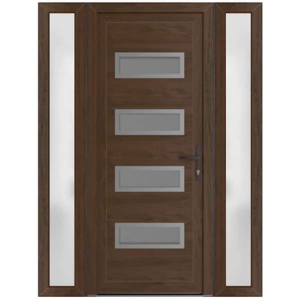 VDOMDOORS 60 in. x 80 in. Left-hand/Inswing Frosted Glass Walnut Steel Prehung Front Door with Hardware