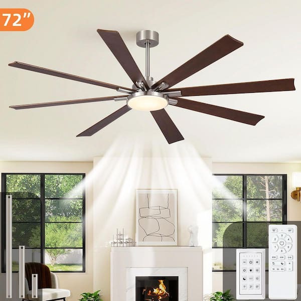 72 in. Retro Farmhouse Downrod Mount Ceiling Fan with Light and Solid Wood Blades in Brushed Nickel, Brown