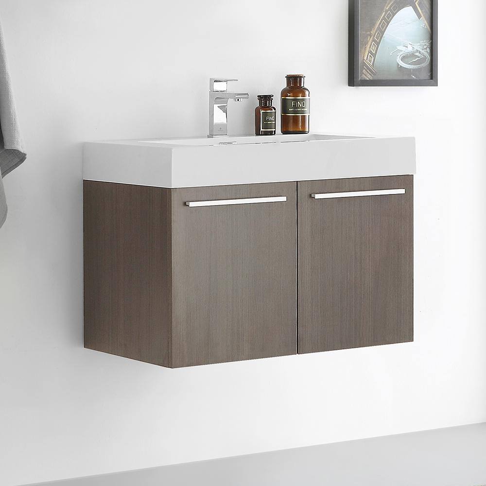 Gray Oak Wall-Mount Vanity with White Acrylic Sink